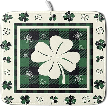 Giwawa Patrick Clovers Dish Drying Mat 16"x18" Lucky Shamrock Spring Leaf Dish Drainer Mats Green Black Buffalo Plaids Absorbent Microfiber Dish Drying Pad for Kitchen Countertop Small Decor