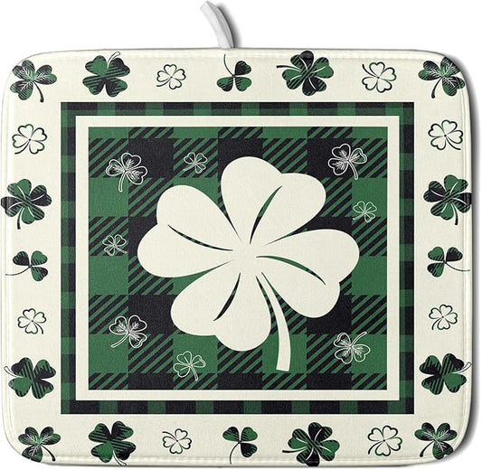 Giwawa Patrick Clovers Dish Drying Mat 16"x18" Lucky Shamrock Spring Leaf Dish Drainer Mats Green Black Buffalo Plaids Absorbent Microfiber Dish Drying Pad for Kitchen Countertop Small Decor