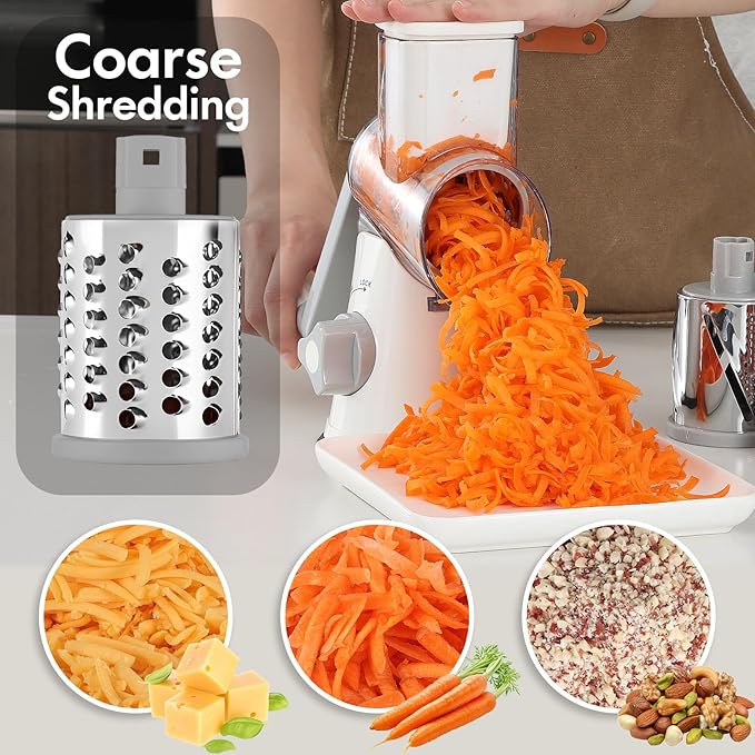 Rotary Cheese Grater with Handle, Kitchen Speed Hand Crank Vegetable Slicer, Potato Hash Brown Shredder Spinning Nut Grinder with 3 Replaceable Stainless Steel Drum Blades (White) - Image 2