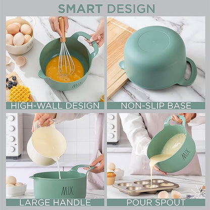 Rae Dunn Non-Slip Mixing Bowls - 4 Piece Nesting Plastic Mixing Bowl Set with Pour Spouts and Handles-Measurement Markings (Sage)