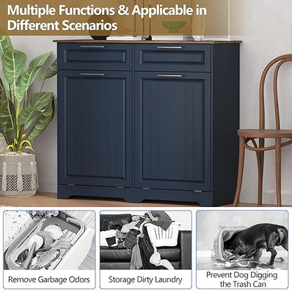 Double 10 Gallon Tilt Out Trash Can Cabinet with Deodorizing Function and Power Outlet, Wooden Hidden Garbage Can Holder with 2 Storage Drawers for Kitchen, Laundry Hamper Cabinet for Bathroom, Blue