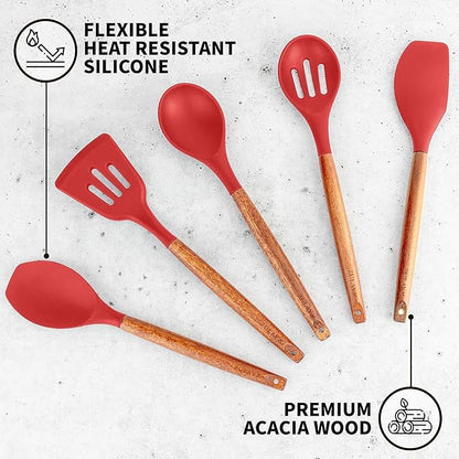 Zulay Kitchen Utensils Set Non-Stick Silicone Cooking Utensils Set with Authentic Acacia Wood Handles - 5 Piece Silicone Utensil Set - Kitchen Utensils Set with 464°F Heat Resistance - Red - Image 2