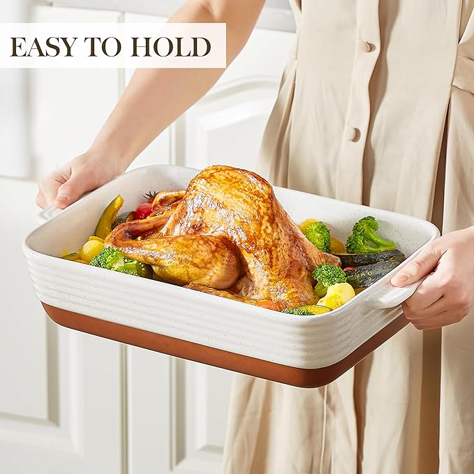 MALACASA Baking Dish 4.8 Qt Ceramic Casserole & Lasagna Pan, 9x13 Inch Deep Rectangular Oven Safe Dish with Handles for Baking, Roasting, Serving (Khaki & White) - Series Tara - Image 6