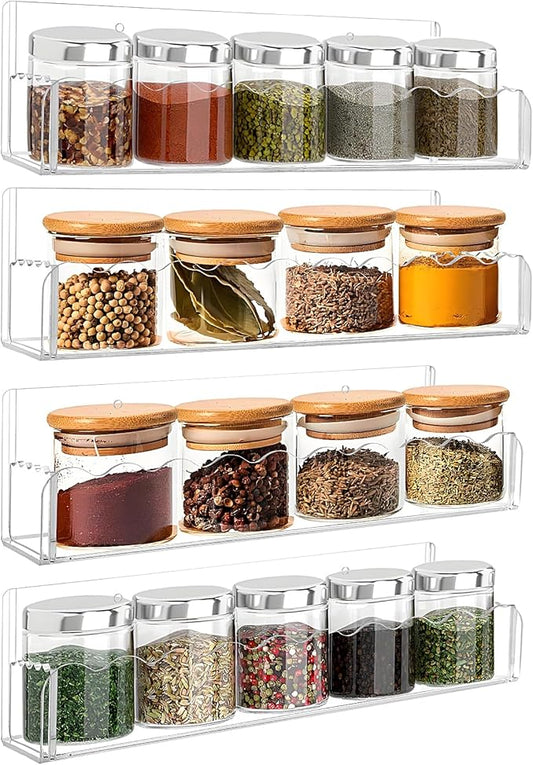 10 inch Spice Rack Wall Mounted,4 Pack Spice Organizer Shelf for Stove Cabinet Pantry Door, Adhesive or Screw Hanging Wall Spice Shelf Storage Holder in Kitchen and RV - Clear Color