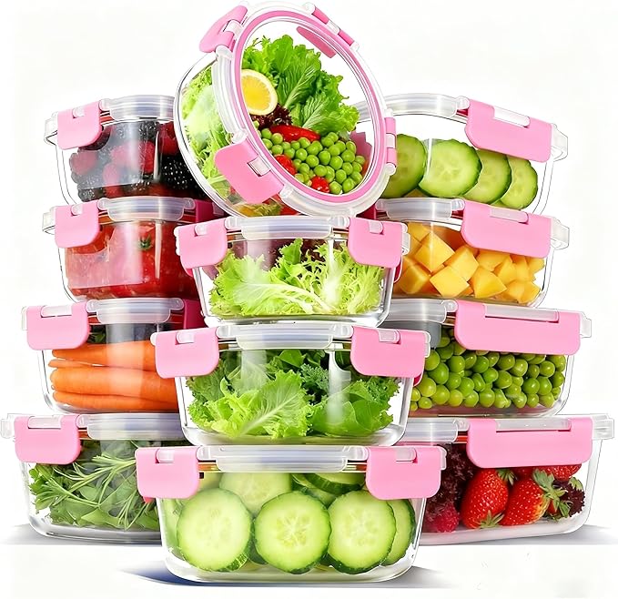 12 Pack Glass Meal Prep Food Storage Containers with Lids Airtight Stackable, Microwave, Oven, Freezer and Dishwasher Safe(Pink) by Bestfull