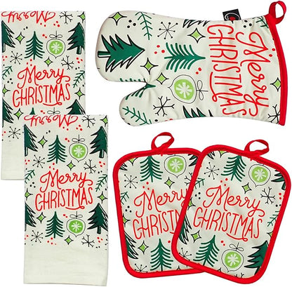 Oven Mitts and Potholders Dish Towles Set 100% Cotton for Perfect for Gifting, Baking and Everyday Cooking Durable Heat Resistant for Kitchen (5-Piece Merry Christmas) by Firstall