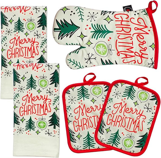 Oven Mitts and Potholders Dish Towles Set 100% Cotton for Perfect for Gifting, Baking and Everyday Cooking Durable Heat Resistant for Kitchen (5-Piece Merry Christmas) by Firstall