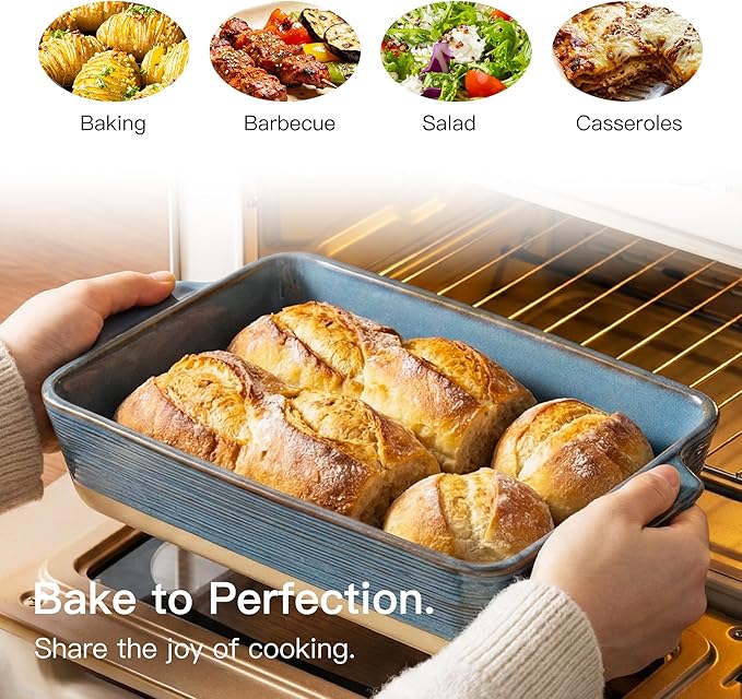 Dafuceramic Casserole Dish for Oven, 4.2 QT Baking Dish, 9x13 Large Porcelain Baking Pan, Durable Rectangular Lasagna Pan Deep with Handles, Microwave Oven Safe, Home Decor, Wedding Gift, (Khaki & Blue) - Image 3