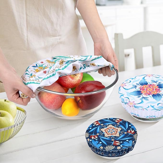 5 Pieces Bowl Covers Reusable, 5 Size Elastic Cloth Bowl Covers for Bread Proofing Food Covers Washable for Food Fruits Leftover (Blue Bird) - Image 3