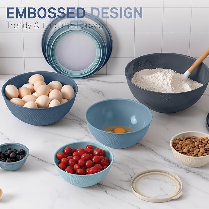 COOK WITH COLOR Mixing Bowls with Lids - 12 Piece Plastic Nesting Bowls Set includes 6 Prep Bowls and 6 Lids, Microwave Safe Mixing Bowl Set, Blue Rhombus - Image 3
