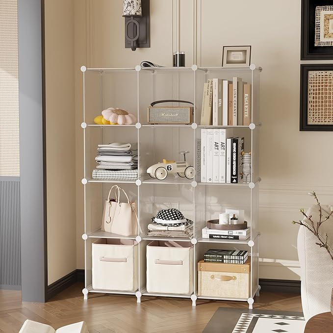 AWTATOS Cube Storage Organizer, Closet Organizers and Storage, 12 Cube Shelves Bookshelf, DIY Stackable Plastic Clothes Organizer Shelving for Bedroom, Home, Transparent Twill - Image 2