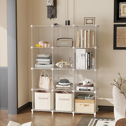 AWTATOS Cube Storage Organizer, Closet Organizers and Storage, 12 Cube Shelves Bookshelf, DIY Stackable Plastic Clothes Organizer Shelving for Bedroom, Home, Transparent Twill - Image 2