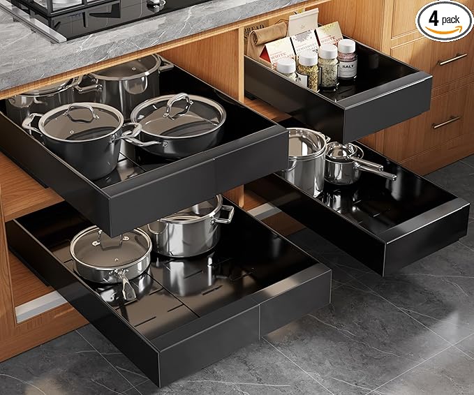 Seinloes 4 Pack Expandable (9"-14") Pull Out Cabinet Organizer 21" Deep With Raising Pad for Framed Cabinets,Upgrade 3 Slide Rails Slide Out Drawers,No Drill Roll Out Shelves Adhesive,Black by Seinloes