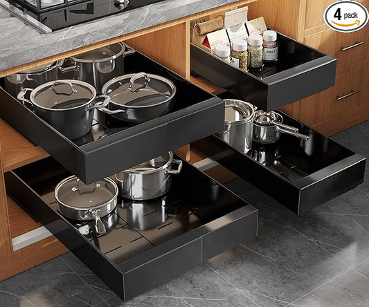 Seinloes 4 Pack Expandable (9"-14") Pull Out Cabinet Organizer 21" Deep With Raising Pad for Framed Cabinets,Upgrade 3 Slide Rails Slide Out Drawers,No Drill Roll Out Shelves Adhesive,Black by Seinloes