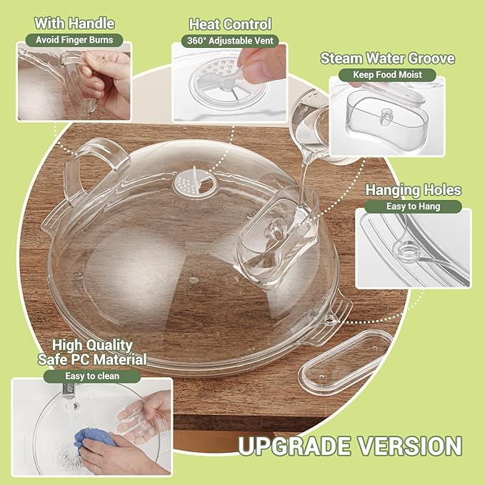 Microwave Splatter Cover,Protect Food Splashes,Dish Bowl Plate Serving Lid with Handle,BPA-Free,Clear Safe Plastic,Microwave Cover for Food,10 Inch