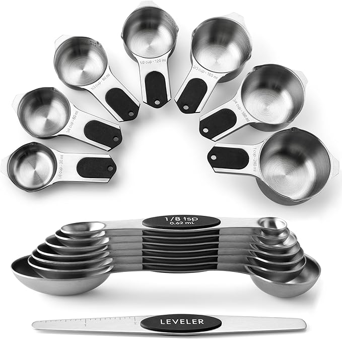 Spring Chef Magnetic Measuring Cups & Spoons Set, Patented, Strong N45 Magnets, Heavy Duty Stainless Steel Fits in Spice Jars for Baking & Cooking, BPA Free, Round Set of 15 with Leveler, Black by SpringChef