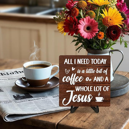Coffee Bar Plaque, Vintage Desk Decor for Home or Office,Cafe Bar Sign - All I Need Today is a Little Bit of Coffee and A Whole Lot of Jesus,Christian Kitchen Accessories 5.9x5.9IN(Brown) - Image 3