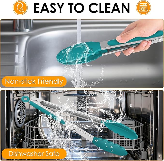 HOTEC Premium Stainless Steel Locking Kitchen Tongs with Silicon Tips, Set of 2-9" and 12", Turquoise - Image 7
