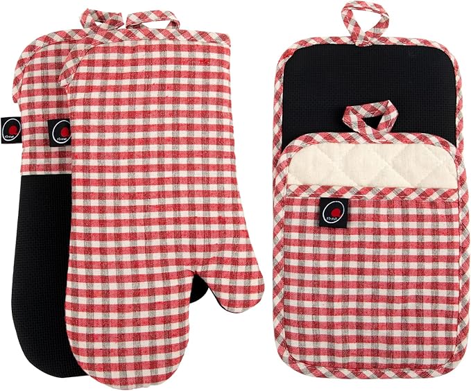 Oven Mitts and PotHolders Sets, 4 Pcs Kitchen Oven Glove High Heat Resistant 400°F Pot Holders for Kitchen, Non-Slip Neoprene Oven Mitts are Suitable for Cooking, Baking (Red Grid) by Firstall