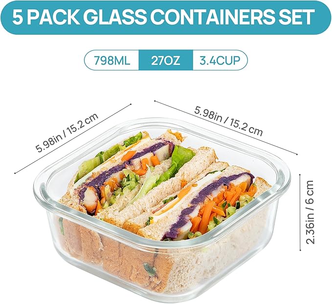 Vtopmart 5Pack 27oz Glass Storage Containers with Lids, Glass Meal Prep Food Container Sets, Sandwich Containers with Snap Airtight Lids for Microwave, Oven, Freezer and Dishwasher, Grey - Image 2