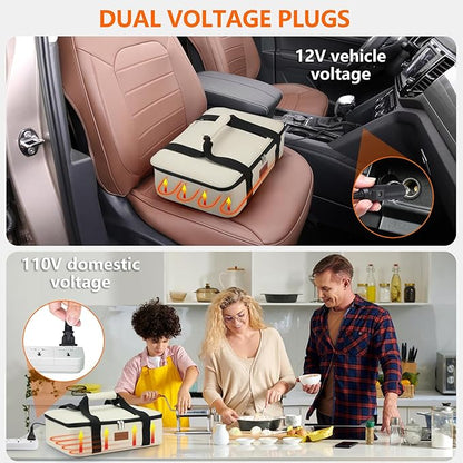 Food Warmer Electric Casserole Carrier - Large Heated Lunch Bag for Car Truck, 12V/24V/110V, Thermos for hot food for Potluck Cookouts Parties Picnic,Lasagna Lugger,Fits 9"x13" Baking Pan (Beige)