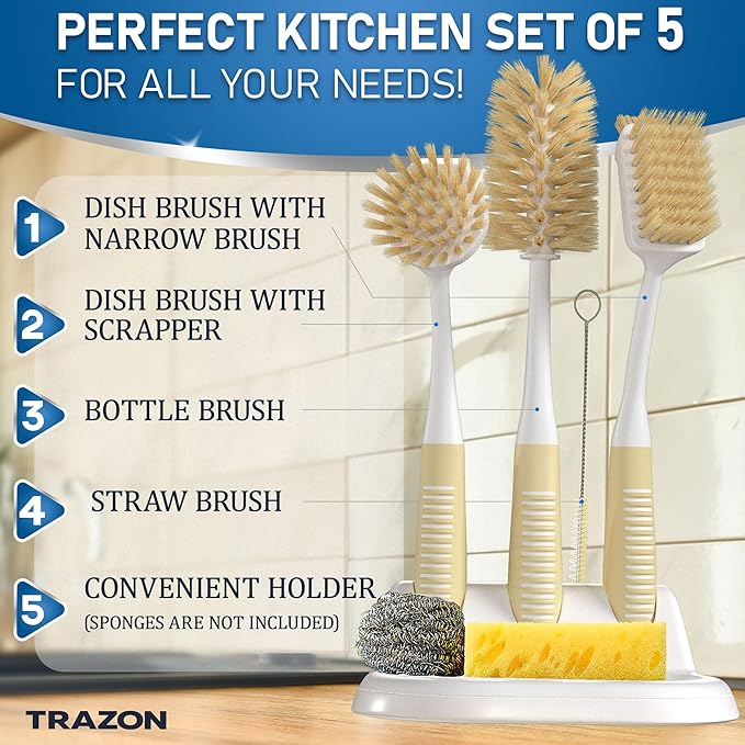 Dish Brush Set of 5 with Holder - Kitchen Scrub Brushes with Non-Slip Long Handle for Cleaning, Scrubber, Dishwashing, Dishes, Bottles, Straws, Cups, Pots & Sink, Baige - Image 2