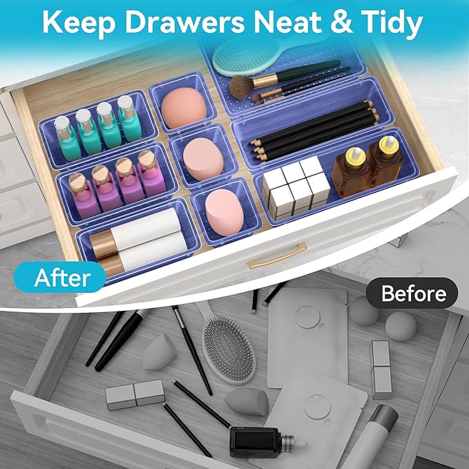 ElegantArray 12 PCS Drawer Organizer Set, 4 Sizes Tool Storage Trays, Clear Plastic Makeup Vanity Organizer and Storage Bins for Stationeries, Multiple Gadgets for Office, Bedroom, Navy Blue - Image 3