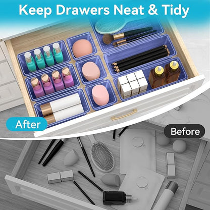ElegantArray 12 PCS Drawer Organizer Set, 4 Sizes Tool Storage Trays, Clear Plastic Makeup Vanity Organizer and Storage Bins for Stationeries, Multiple Gadgets for Office, Bedroom, Navy Blue - Image 3