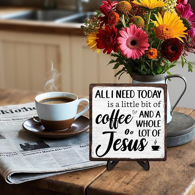 Coffee Bar Plaque, Vintage Desk Decor for Home or Office,Cafe Bar Sign - All I Need Today is a Little Bit of Coffee and A Whole Lot of Jesus,Christian Kitchen Accessories 5.9x5.9IN(White-coffee) - Image 3