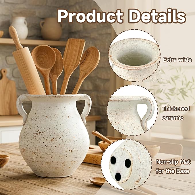 Rustic Kitchen Utensil Holder for Countertop, 7.6x4.9In Large Ceramic Cooking Utensil Crocks for Countertop, with non-slip pads, Morden Farmhouse Vintage Kitchen Counter Decor - Image 4