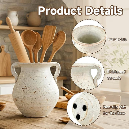 Rustic Kitchen Utensil Holder for Countertop, 7.6x4.9In Large Ceramic Cooking Utensil Crocks for Countertop, with non-slip pads, Morden Farmhouse Vintage Kitchen Counter Decor - Image 4
