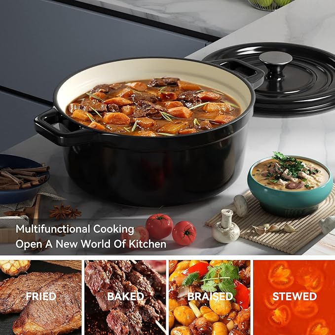 Miereirl 6.5 Quart Enameled Dutch Oven Pot with Lid, Cast Iron Dutch Oven with Dual Handles for Bread Baking, Cooking, Non-stick Enamel Coated Cookware (Black) - Image 7