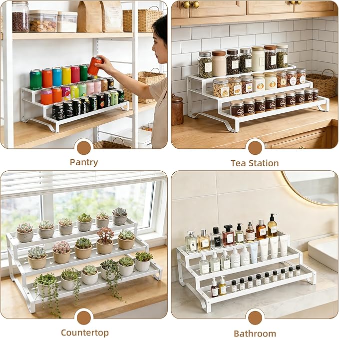 SANKEU Expandable Spice Rack Organizer for Cabinet 3 Tiered Metal Seasoning Organization with Guardrails Spice Shelf Storage for Jars Adjustable Length 13"-21" White 1Pack - Image 4