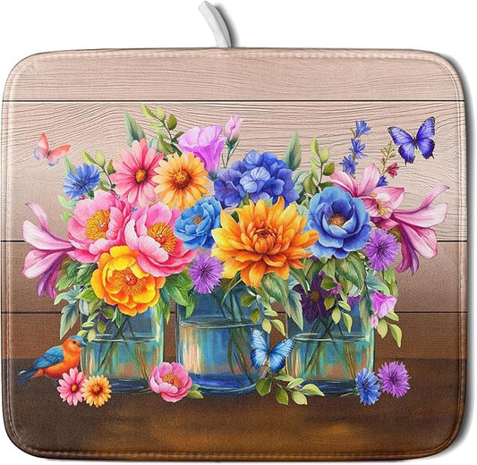 Colorful Flowers Dish Drying Mat for Kitchen Counter 16x18in Spring Summer Flower Vases Dish Mat Drying Absorbent Microfiber Dish Drainer Rack Mats Botanical Floral Dishes Pad for Countertops