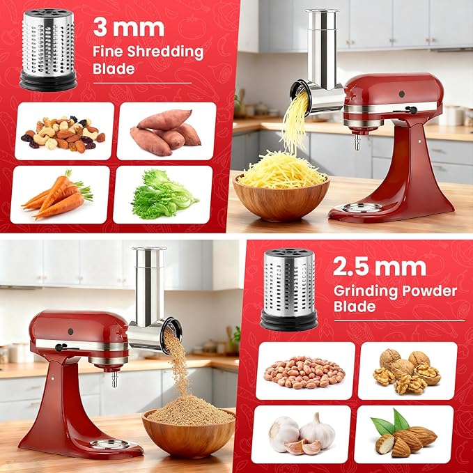 KITOART Stainless Steel Slicer Shredder & Cheese Grater Attachment for Kitchenaid Stand Mixer - Included Salad Maker, Grinding Powder, Dishwasher Safe with 4 Blades