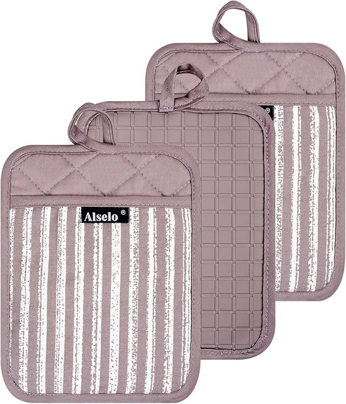 Alselo Silicone Pot Holders Set of 3 Heat Resistant & Non Slip Potholders, Professional Oven Hot Pads with Pockets Mitts for Kitchen Cooking Baking Barbecue (3, Purple) by Alselo-Enjoyahealthylife