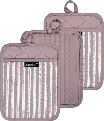 Alselo Silicone Pot Holders Set of 3 Heat Resistant & Non Slip Potholders, Professional Oven Hot Pads with Pockets Mitts for Kitchen Cooking Baking Barbecue (3, Purple) by Alselo-Enjoyahealthylife