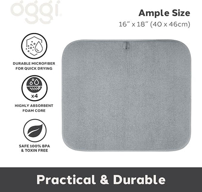 OGGI Absorbent, Reversible Microfiber Dish Drying Mat for Kitchen, Dish Drying Pad, 16 Inch x 18 Inch, Large, Gray
