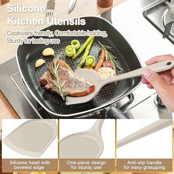 P&P CHEF Kitchen Utensil Set, 4 Pieces Non-stick Silicone Cooking Utensils, Heat-resistant Slotted Solid Spoon Turner for Frying, Mixing, Serving, Non-toxic & Easy to Clean, Khaki - Image 3