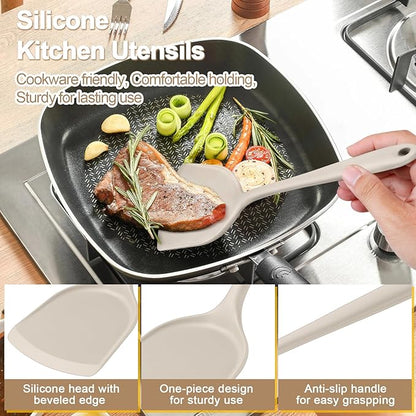 P&P CHEF Kitchen Utensil Set, 4 Pieces Non-stick Silicone Cooking Utensils, Heat-resistant Slotted Solid Spoon Turner for Frying, Mixing, Serving, Non-toxic & Easy to Clean, Khaki - Image 3