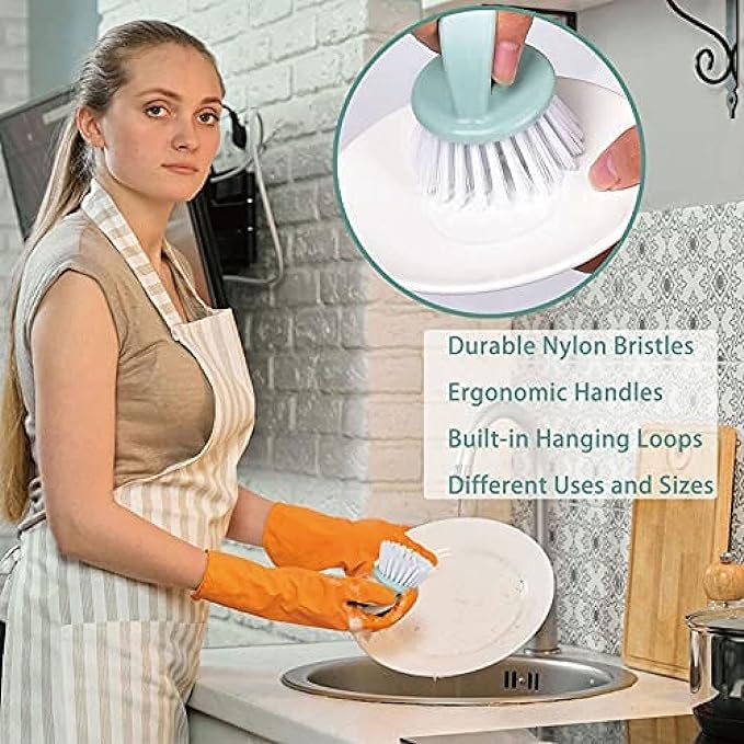 Dish Brush with Handle, Kitchen Dish Scrub Brush Set, 4-Piece Kitchen Cleaning Brush Set for Pots and Bottles, Nordic Green - Image 5