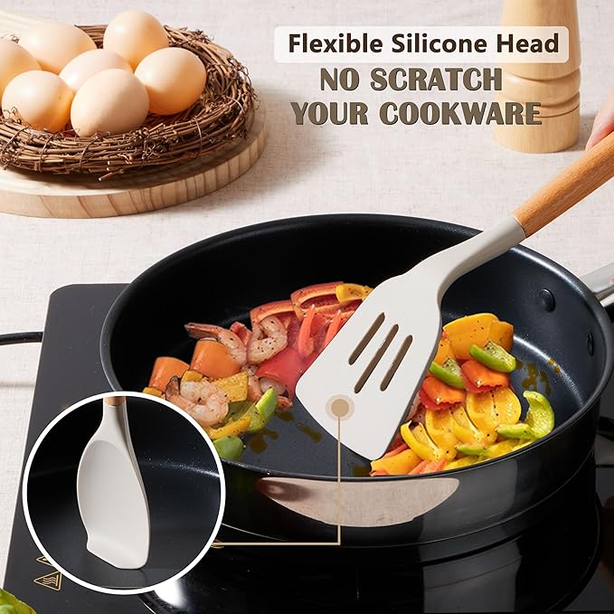 E-far Silicone Cooking Utensils Set, 10-Piece Heat Resistant Kitchen Utensils Set with Wooden Handle for Nonstick Cookware, Kitchen Nonstick Tools Spatula Whisk Tongs Ladle, Non-toxic & Healthy(Khaki) - Image 3