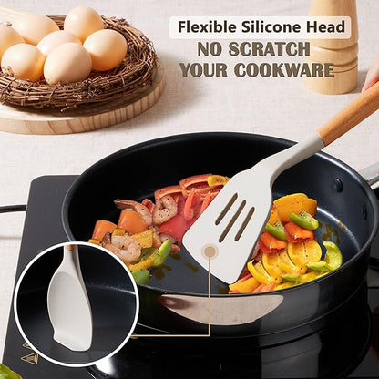 E-far Silicone Cooking Utensils Set, 10-Piece Heat Resistant Kitchen Utensils Set with Wooden Handle for Nonstick Cookware, Kitchen Nonstick Tools Spatula Whisk Tongs Ladle, Non-toxic & Healthy(Khaki) - Image 3