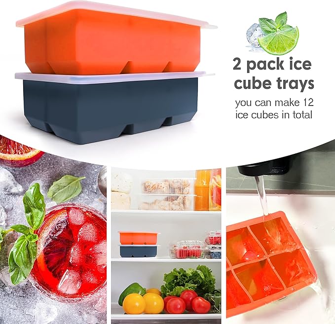 Silicone Ice Cube Trays with Lids,Large Square Ice Cube Molds for Freezer, Whiskey, Cocktail, Stackable Flexible and Reusable & Easy Release BPA Free (2 Pack&Dark Gray and Orange) - Image 4