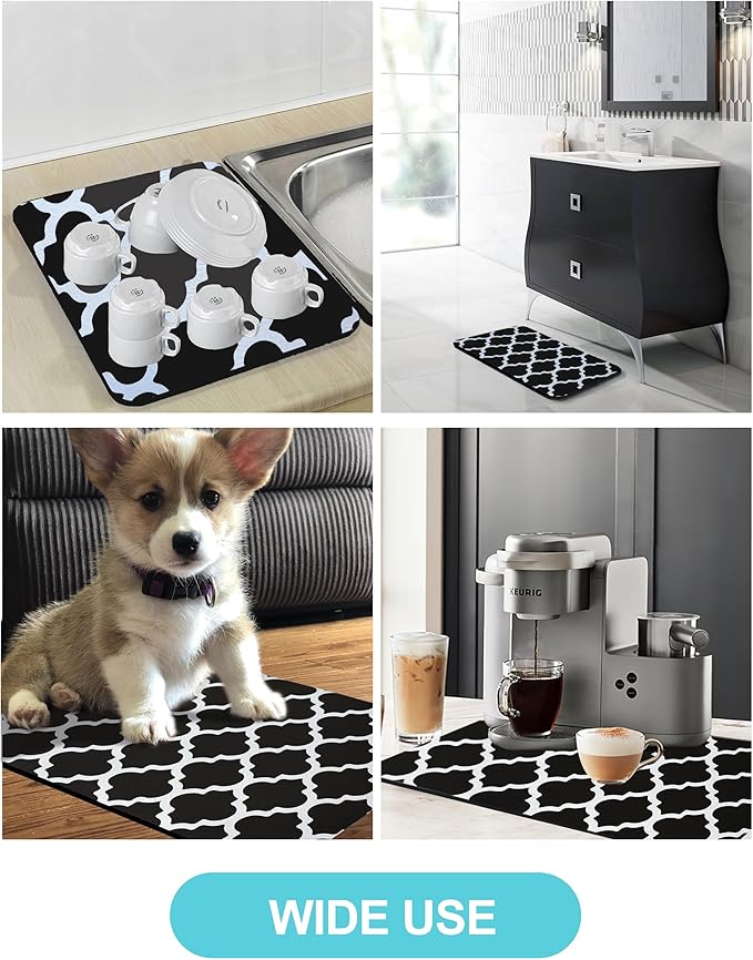 Dish Drying Mat for Kitchen Counter, 12"x19" Dish Drying Pad with Non-slip Rubber Backed, Hide Stain Anti Absorbent for Kitchen Counter, Drying Mat for Coffee Machine Dish Rack (Black Trellis) - Image 6