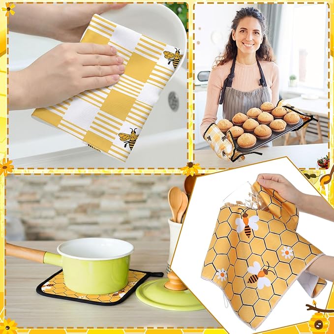 Fourluoo 10 Pcs Bee Themed Kitchen Decor Set Dish Towels Kitchen Rugs Oven Mitts and Pot Holders for Cooking Baking Grilling Women Mom Gift