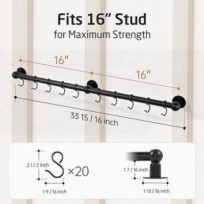 KES 130lb High-Capacity 32 Inch Pot Rack Wall Mounted with 3X Thick Tube, Pot and Pan Hanger with 10 Hooks for Cast Iron Utensil, Kitchen Pot Rail with Drilling Template for 16" Stud Mount, Black - Image 9