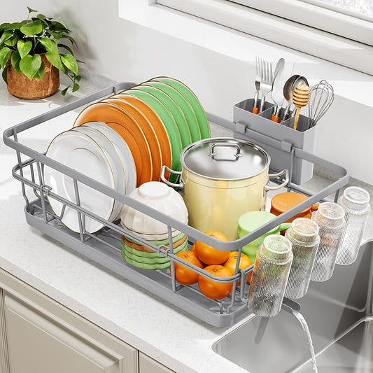 TOOLF Dish Drying Rack, Dish Racks for Kitchen Counter, Stainless Steel Sink Organization and Storage Essentials with Cutlery Holder, Dish Drainer, Home and Appartment Decor, 12.4''W x 16.5''L, Gray