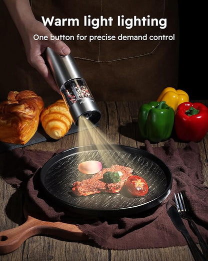 FORLIM Electric Salt and Pepper Grinder Set, USB Rechargeable, Automatic Salt Pepper Mill Grinder with Dust Cover, One-Button Control, Adjustable Coarseness, Warm LED Light (2 Packs, Stainless Steel) - Image 6