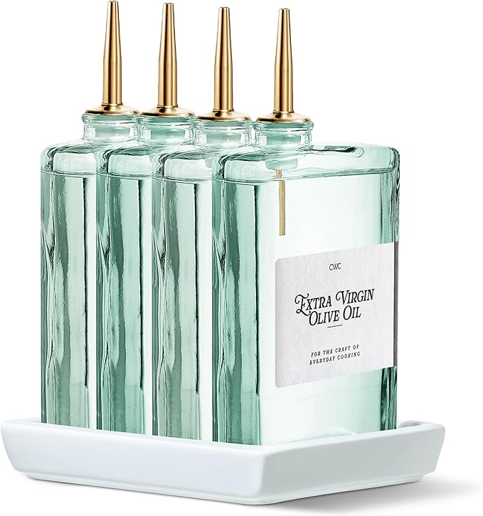 COOK WITH COLOR Olive Oil Dispenser Bottle - 4 Pk Glass Oil Dispenser for Kitchen - Condiment, Coffee Syrup & Vinegar Dispenser, Olive Oil Cruet, Includes 8 Auto Pourer Spouts - Image 2